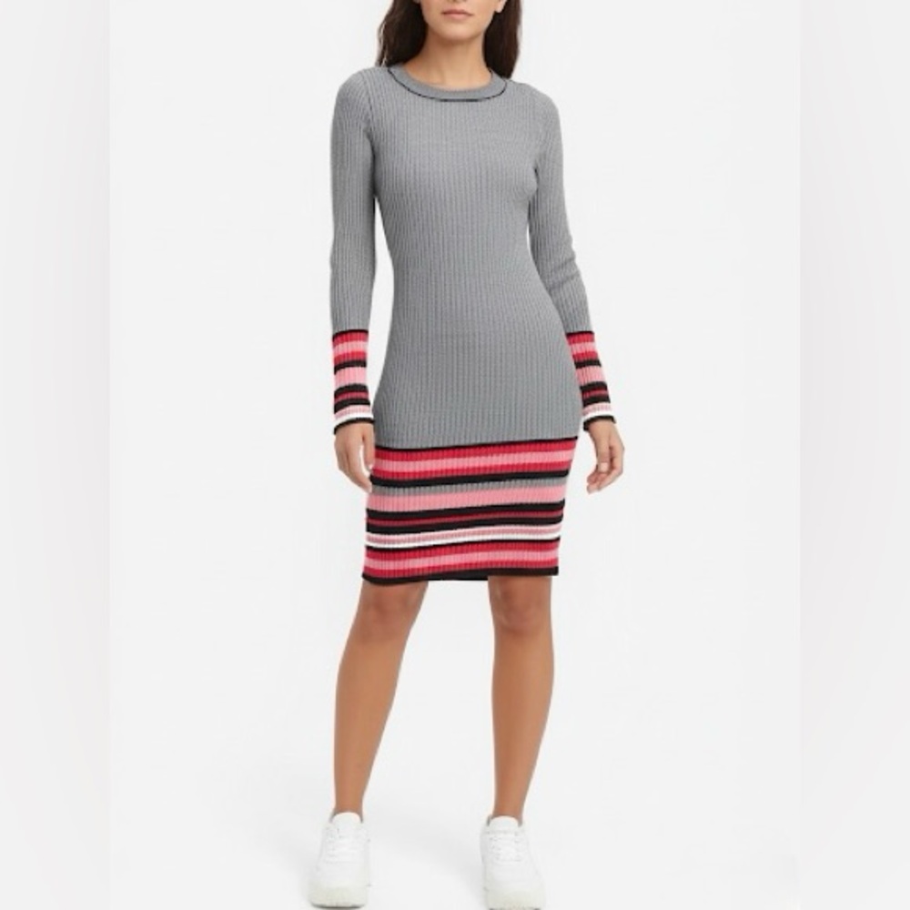 Striped Long Sleeve Dress - Gray and Pink
